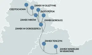 Mapa z trasą rowerową przez Szlak Orlich Gniazd: Częstochowa, Zamek Olsztyn, Złoty Potok, Mirów, Bobolice, Ogrodzieniec, Tenczyn, Wawel.