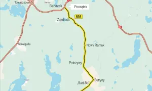 Mapa pokazuje trasę rowerową 598 z Bartążka przez Zazdrość, Pokrzywy do Nowej Kaletki. Idealna na wycieczkę rowerem po okolicach Olsztyna.