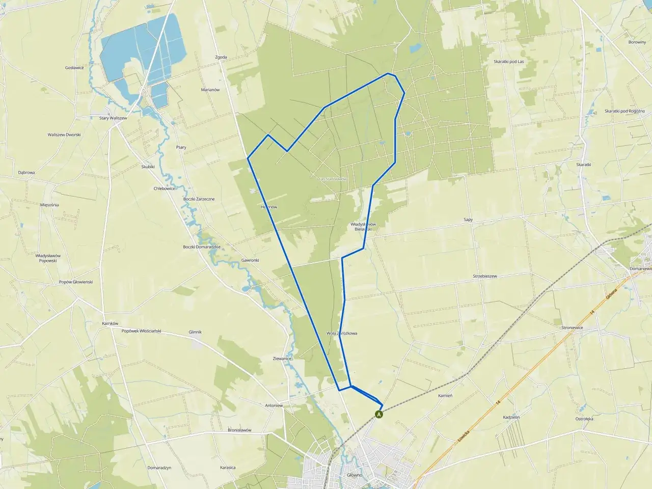Mapa z zaznaczonymi trasami rowerowymi w okolicach Głowna. Idealne do odkrywania urokliwych tras rowerowych łódzkie.