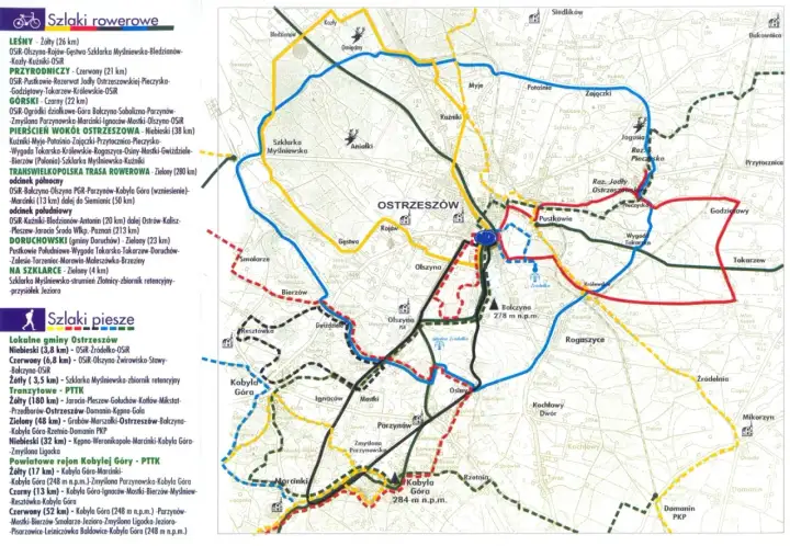 Mapa szlaków rowerowych i pieszych Wielkopolski, z zaznaczonymi trasami wokół Ostrzeszowa.