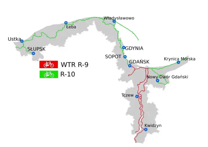 Mapa tras rowerowych WTR R-9 (czerwona) i R-10 (zielona) wzdłuż Wisły i wybrzeża.